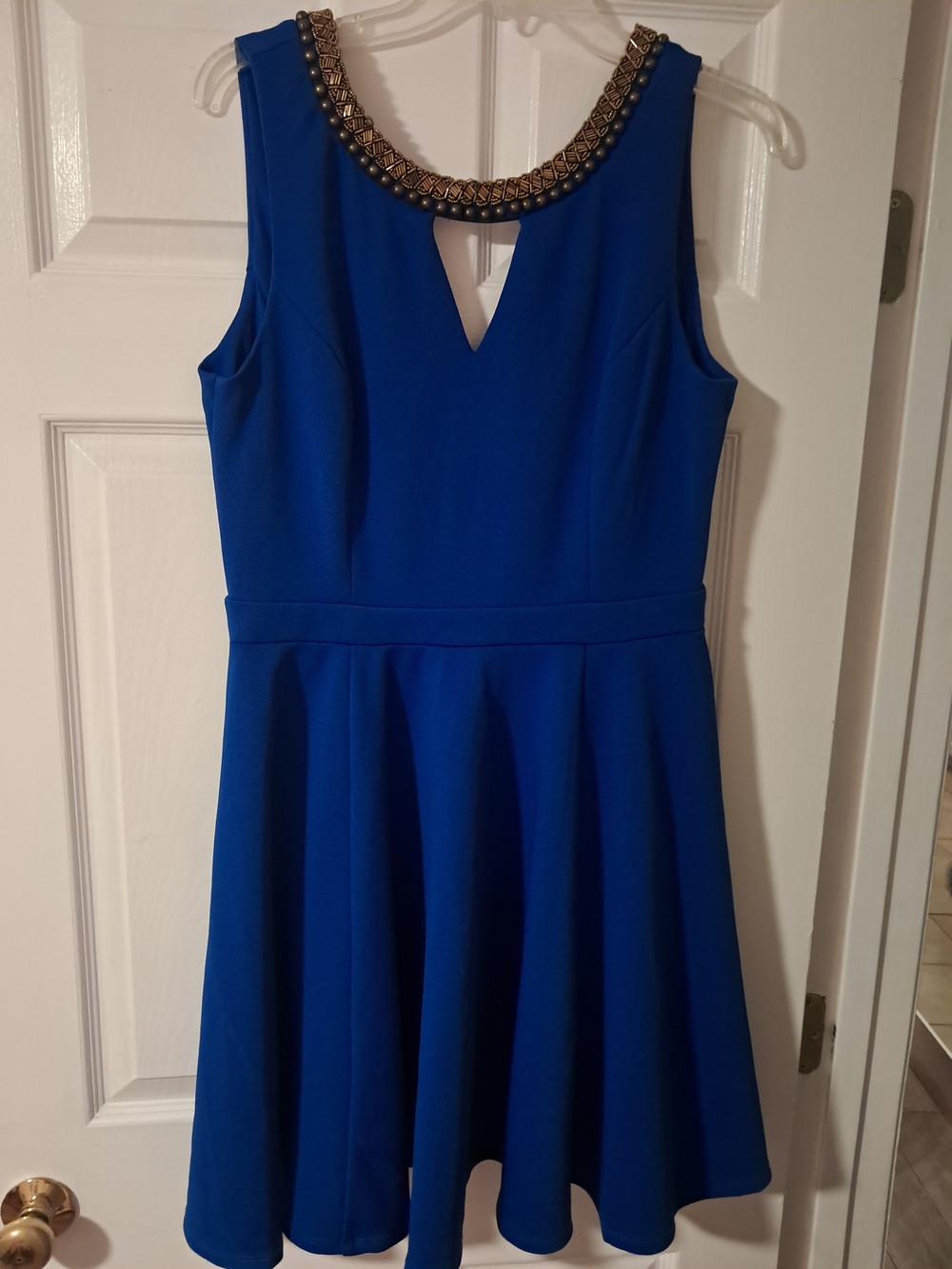 XOXO | Dresses | Xoxo Cobalt Blue Sleeveless Aline Dress With Gold Beaded Collar
